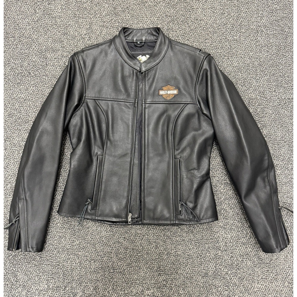 Harley Davidson Womens Leather Motorcycle Jacket S Black Y2K 2005 MotorClothes